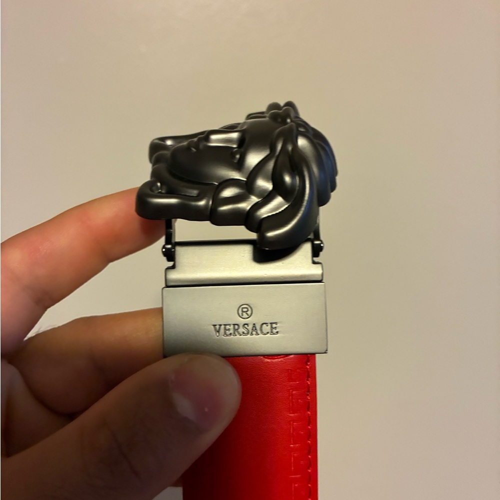Versace Red and Black Belt with Medusa Buckle